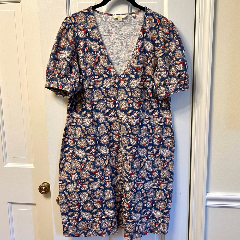 Boden V- Neck Cotton Jersey Puff Sleeve A-Line Dress Red Blue Paisley Size 14L